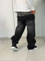 Jeans Baggy Layered Camo e Black Denim / Wide Leg Effetto Doppio Pantalone