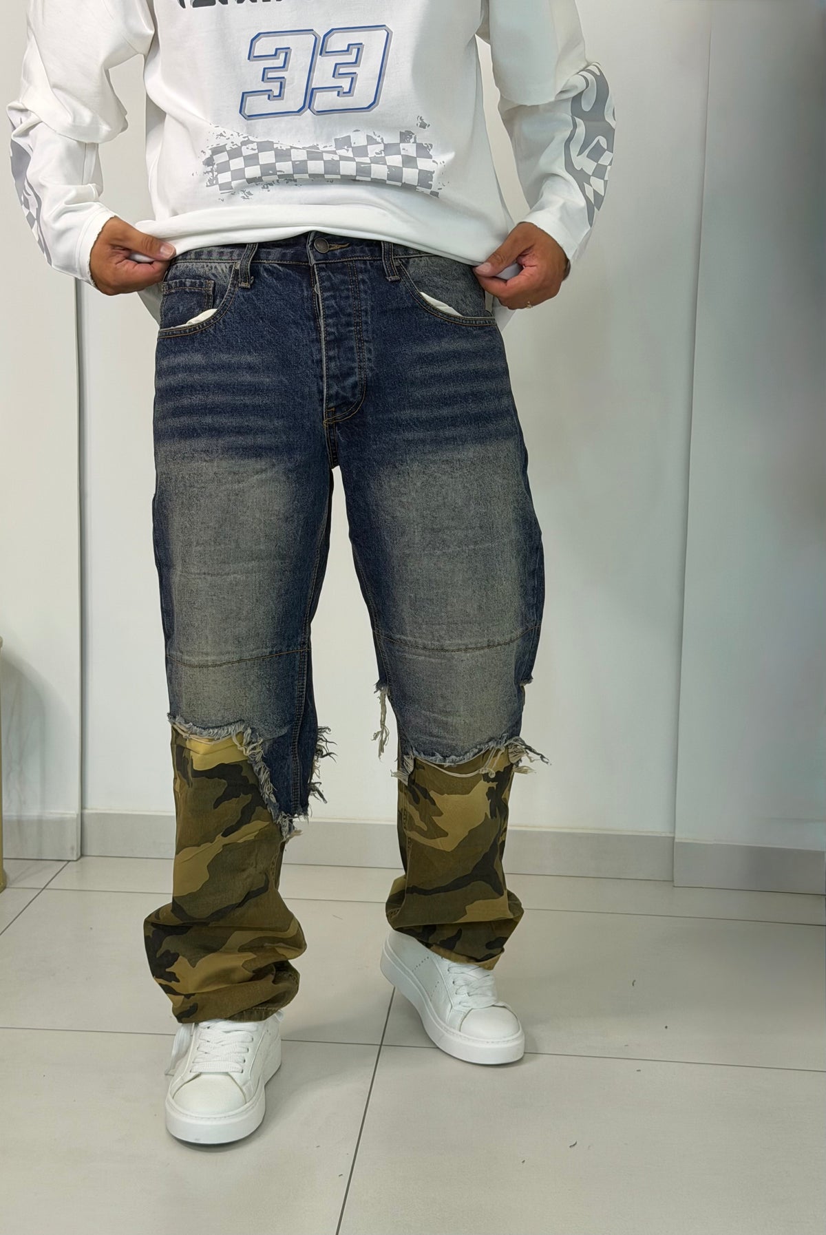 Jeans Baggy Patchwork Denim e Camouflage / Wide Leg Cut-Off Vintage