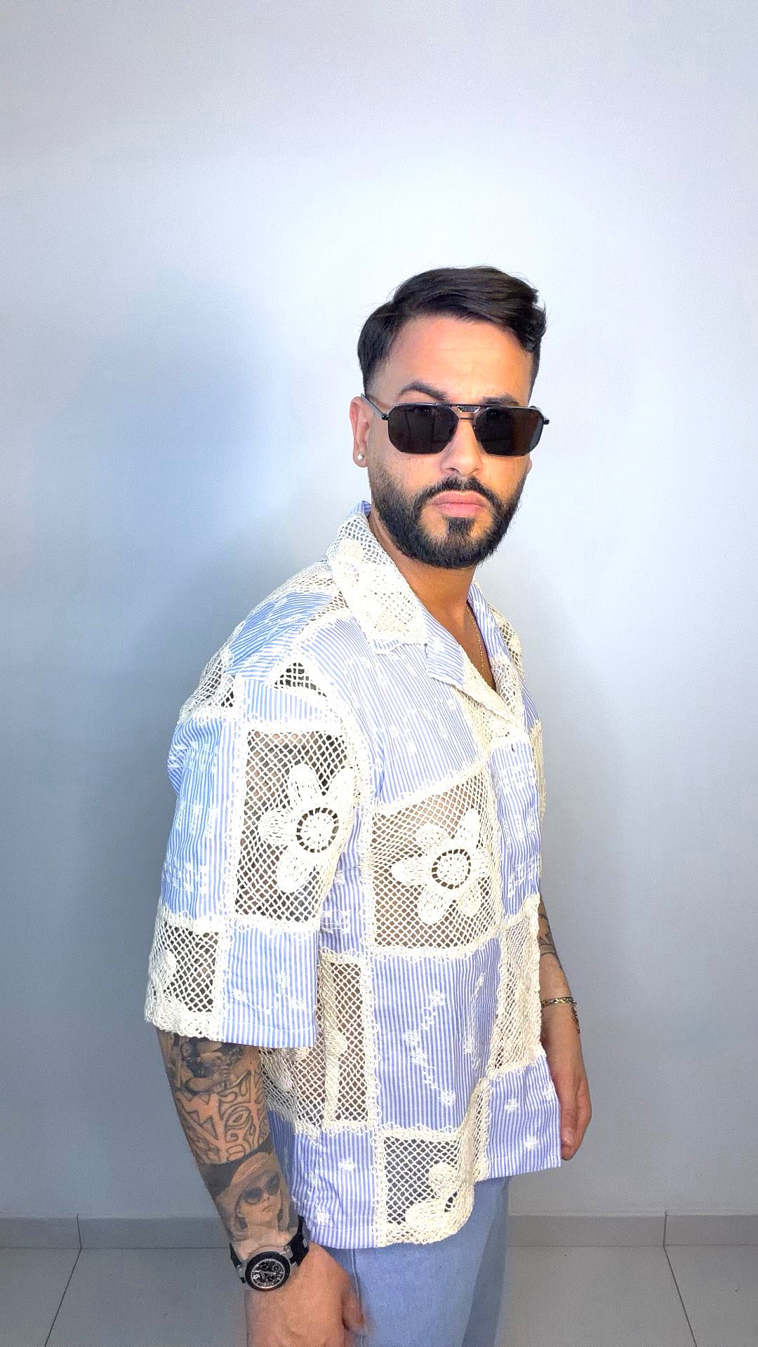 Camicia “myk”patchwork azzurra e crema