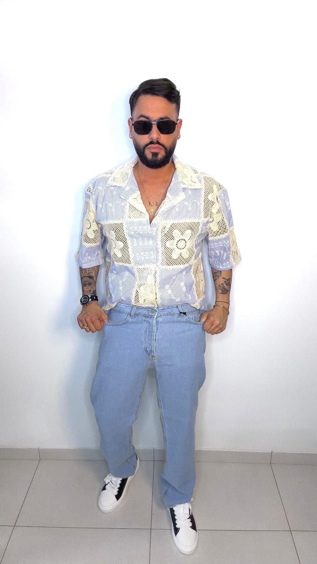 Camicia “myk”patchwork azzurra e crema
