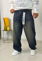 Jeans Baggy Denim Scuro con Perle Applicate ed Effetto Vintage