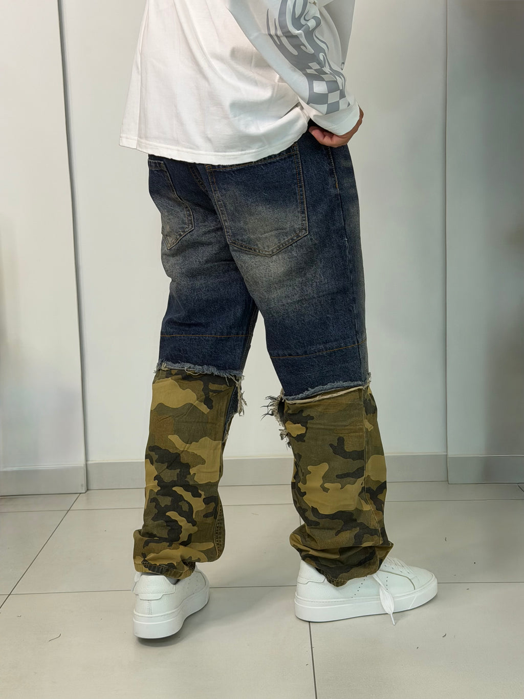 Jeans Baggy Patchwork Denim e Camouflage / Wide Leg Cut-Off Vintage