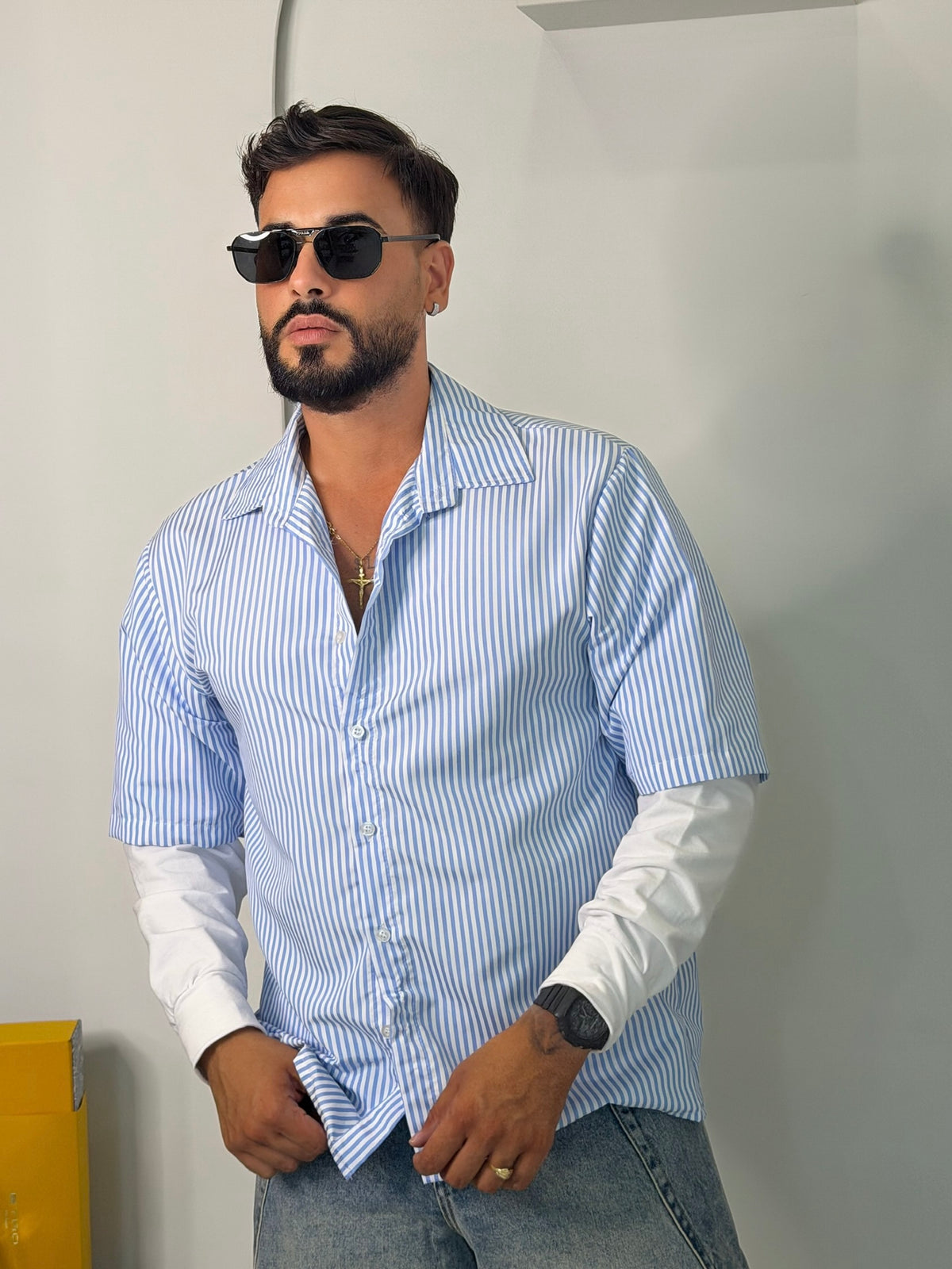 Camicia a Righe Effetto Layered (Doppio Manica)