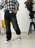 Jeans Baggy Black Denim con Borchie Laterali / Wide Leg Wash Vintage